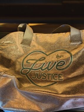 Justice Metallic Rose Gold Tote with Green Logo